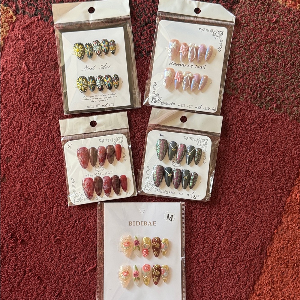 Bundle of 5 Press-On Nail Sets; Various Colors & Designs; Like New